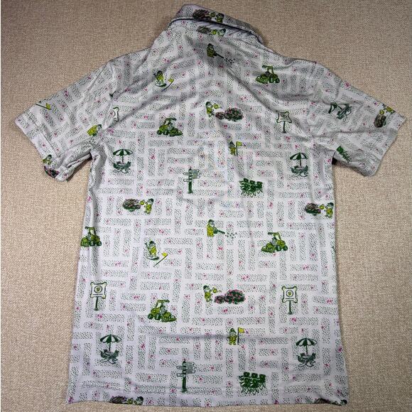 Waggle Men White Green Small Short Sleeve 3 Button Golf Gnome Print Polo Shirt - Picture 2 of 7